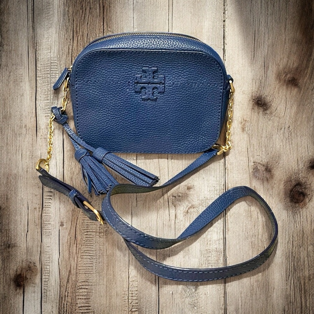 Tory Burch Navy Pebbled Leather Crossbody with Gold Hardware